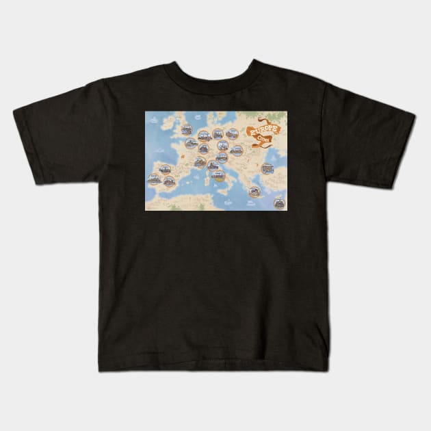 European cities old style hand drawn line art vector illustrations displayed on a map Kids T-Shirt by qpiii